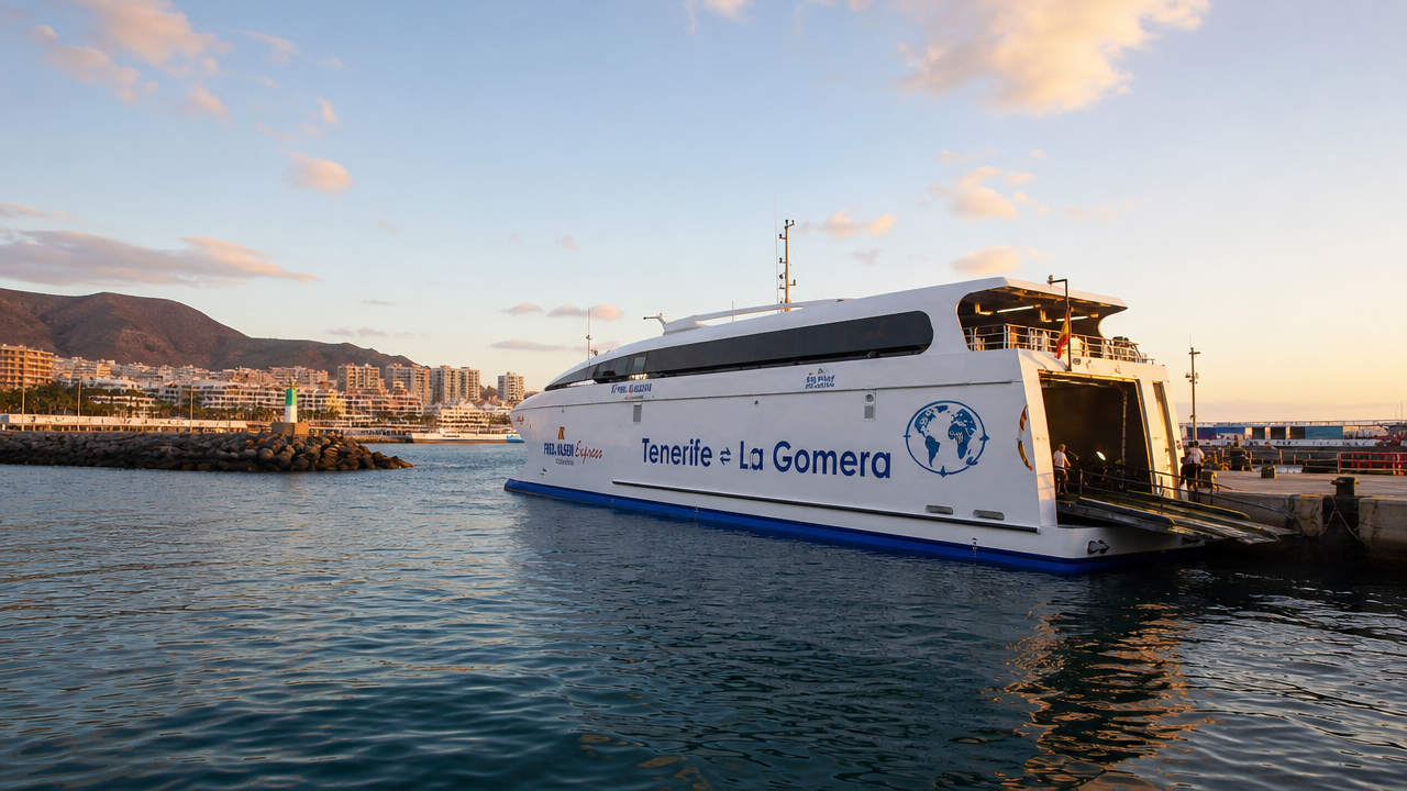 Un ferry reliant Tenerife à La Gomera, avec le nom de la liaison inscrit sur la coque