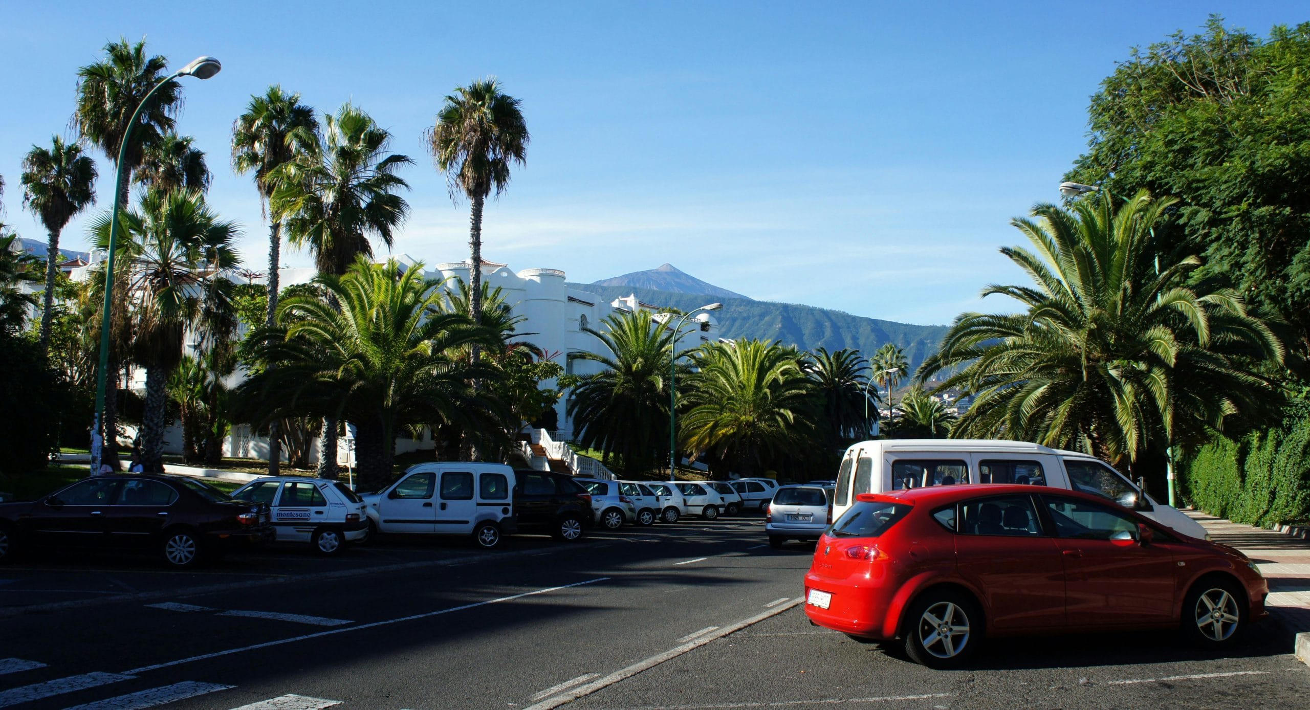 Une route bordée de palmiers avec le Teide en arrière-plan à Tenerife