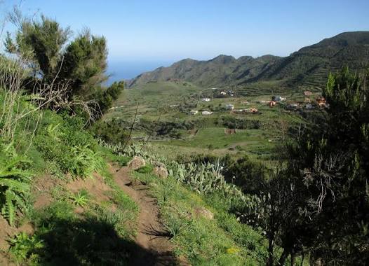 Le village de Masca niché dans son ravin, vu depuis un sentier du massif de Teno